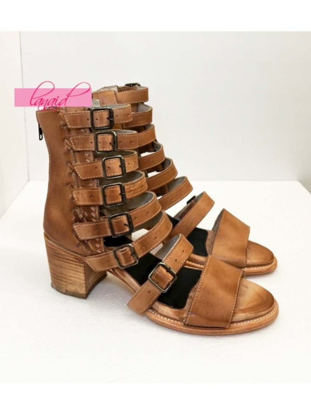 NEW Freebird Country Natural Leather Buckles Edgy Cut-Outs Cutouts Low Sandals - Picture 5 of 11
